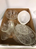 Glass bake casserole with wicker basket assorted pressed glass and one square refrigerator glass