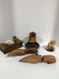 Mac bulldog hood ornament, Mallard duck box,wood shoe forms, ashtray