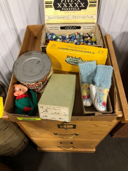 Marbles, infant booties original box and more