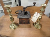 V&M BRASS CANDLE HOLDERS APPROX 11 INCH TALL AND ANTIQUE COFFEE GRINDER
