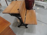 ANTIQUE SCHOOL DESK WITH WROUGHT IRON BASE AND HOLDER FOR INK WELL