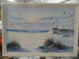 OIL ON CANVAS BEACH SCENE IN WHITE FRAME APPROX 40 X 29
