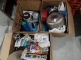 THREE BOX LOTS TO INCLUDE KITCHWARE BOOKS GAMES AND MORE