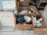 THREE BOX LOTS AND TWO BEACH CHAIRS TO INCLUDE POTS PANS CASSEROLES AND MOR