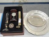 REPRODUCTION BARAMETER HOUR GLASS AND SILVER PLATE PLATTERS