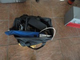 TOOL BAG FULL OF TOOLS INCLUDING SAWS CLAMPS HAMMERS ELECTRIC DRILL AND MOR