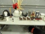 TABLE LOT INCLUDING IRON CLAUDESDALE BEER WAGON MANTEL CLOCK WASH BOWL AND