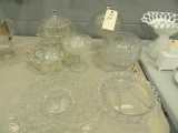 COLLECTION OF PRESSED GLASS TO INCLUDE COVERED DISHES SERVING BOWLS AND FOO