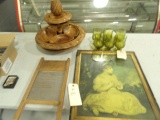 TABLE LOT INCLUDING CAPITAL LINE WASH BOARD LAZY SUSAN HAND CARVED PRINT OF