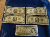 4 - $2 BILLS 3-1976 SERIES 1-1995 SERIES 1-1973 CANADIAN $1 BILL