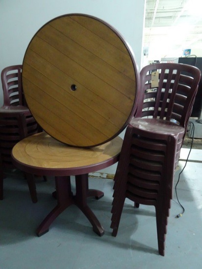 8 MAROON GROSFILLEX SIDE CHAIRS WITH TWO MATCHING TABLES WITH WOODGRAIN TOP