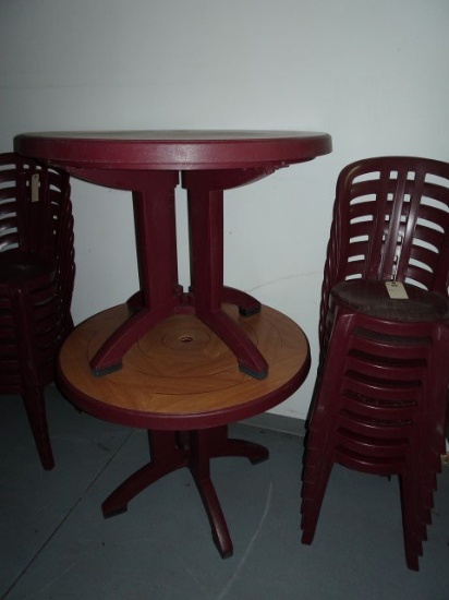 8 MAROON GROSFILLEX SIDE CHAIRS WITH TWO MATCHING TABLES WITH WOODGRAIN TOP