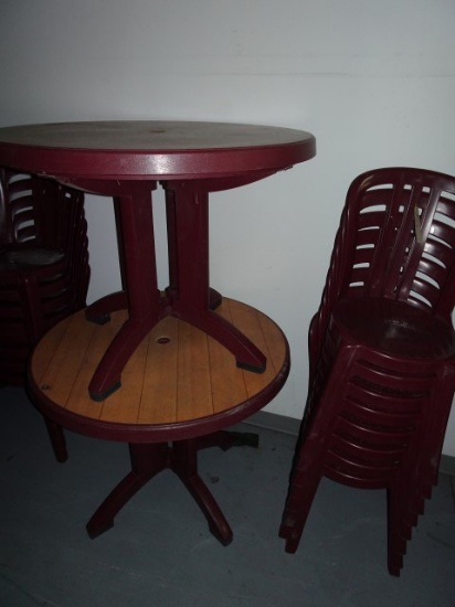 8 MAROON GROSFILLEX SIDE CHAIRS WITH TWO MATCHING TABLES WITH WOODGRAIN TOP