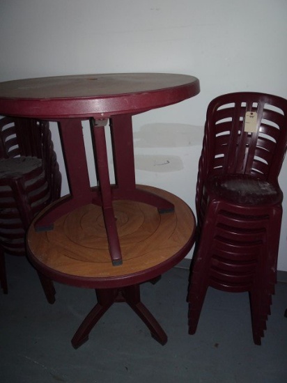 8 MAROON GROSFILLEX SIDE CHAIRS WITH TWO MATCHING TABLES WITH WOODGRAIN TOP