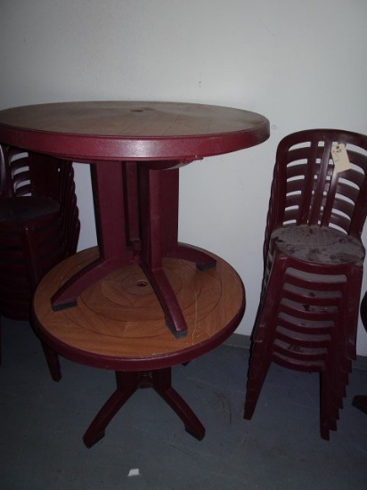 8 MAROON GROSFILLEX SIDE CHAIRS WITH TWO MATCHING TABLES WITH WOODGRAIN TOP