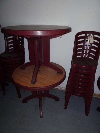 8 MAROON GROSFILLEX SIDE CHAIRS WITH TWO MATCHING TABLES WITH WOODGRAIN TOP