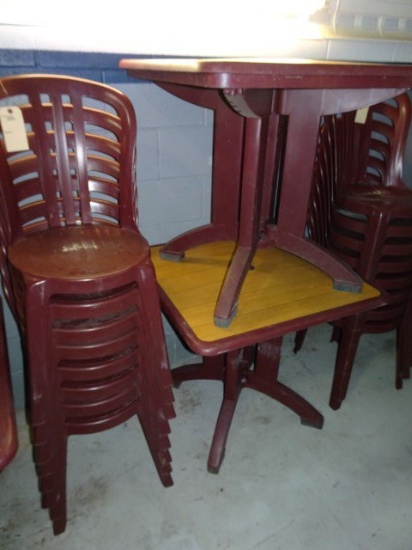 8 MAROON GROSFILLEX SIDE CHAIRS WITH TWO MATCHING SQUARE TABLES WITH WOODGR