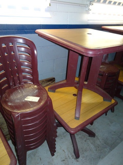 8  MAROON GROSFILLEX SIDE CHAIRS WITH TWO MATCHING SQUARE TABLES WITH WOODG