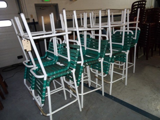 16 WHITE METAL PATIO CHAIRS WITH GREEN WEBBING
