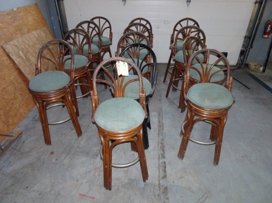 13 RATTAN HIGH BACK BAR STOOLS WITH SWIVEL GREEN UPHOLSTERED SEATS