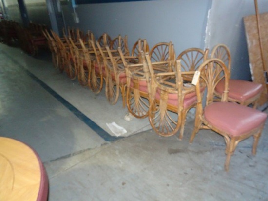 34 RATTAN SIDE CHAIRS WITH PINK UPHOLSTERED SEAT ROUGH CONDITION