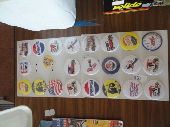 APPROX 27 PEPSI PINS  EACH APPROX 3" ACROSS