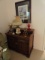 DRY SINK WITH OIL LAMPS ELECTRIC LAMP LIGHTHOUSE PRINT AND MISC DECORATIVES