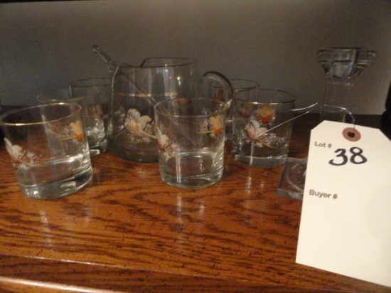 SECOND SHELF OF BAR TO INCLUDE PITCHER WITH MATCHING GLASSES CANDLE HOLDERS