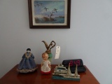 LOT ON TOP OF BUREAU INCLUDING PORCELAIN DOLL VASE LIGHTHOUSE AND DUCK PRIN