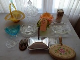 TABLE TOP LOT TO INCLUDE CARNIVAL GLASS FLUTED BASKET COVERED CANDY AND MOR