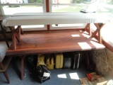 REDWOOD PICNIC TABLE ON WHEELS  WITH TWO BENCHES CUSHION TOP IN GOOD CONDIT