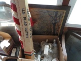BOX CONTAINING AMERICAN FLAGS AND THREE DECANTERS
