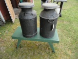 PAIR ANTIQUE MILK CANS ON PRIMITIVE BENCH