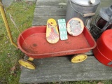 EARLY HY SPPED TOY WAGON WITH THREE ANTIQUE NOISE MAKERS ONE MARKDED NEWARK