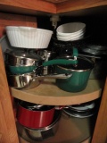 CONTENTS OF CORNER CABINET LARGE LOT POTS PANS AND CONTENTS OF SMALL DRAWER