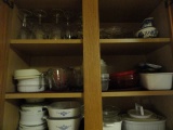 DOUBLE CABINET FULL OF CORNING WARE STEMWARE MEASURING CUPS AND MORE