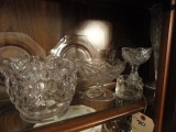 TOP SHELF OF CHINA HUTCH TO INCLUDE PEDESTAL BOWLS HONEY POTS AND DECANTER