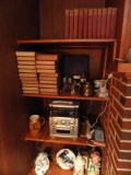 SHELF CONTENTS TO INCLUDE SET OF CHARLES DICKENS BOOKS STEREO DECANTERS AND
