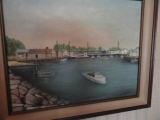 OIL ON BOARD BY JOSEPH WT SMITH HARBOR SCENE WITH WORK BOATS APPROX 23 X 19