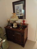 DRY SINK WITH OIL LAMPS ELECTRIC LAMP LIGHTHOUSE PRINT AND MISC DECORATIVES