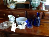 COLLECTION OF COBALT GLASS PIANO BABY HAND PAINTED PITCHER AND LINCOLN JEWE