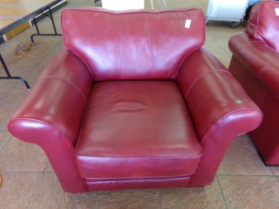 OVERSTUFFED RED LEATHER CHAIR BY COIL AND CORE SUPERIOR SEATING FOUNDATION