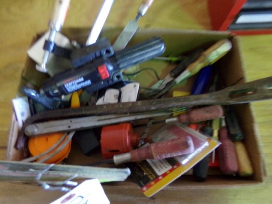 BOX LOT TOOLS INCLUDING CALIPERS SCREWDRIVERS TAPE MEASURES CLAMPS FILES AN