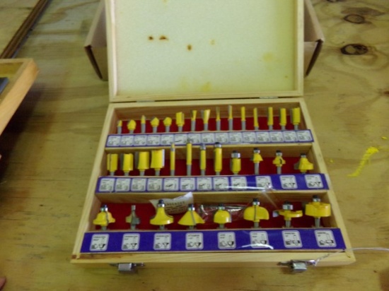SET OF 35 NEW IN BOX ROUTER BITS IN WOODEN BOX