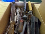 BOX LOT OF HAND TOOLS WRENCHES PIPE CUTTER KNIVES AND MORE