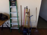 LOT OF GARDEN TOOLS SHOVELS RAKES 6 FOOT FIBERGLASS STEP LADDER