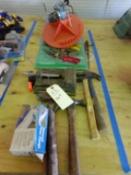 TABLE LOT TO INCLUDE HAMMERS CLAMPS AVIATION SNIPS STEEL WOOL AND MORE