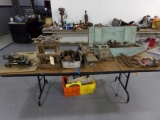 TABLE LOT OLD BOAT WHEEL PLANES HAND TOOLS DRILL AND MORE