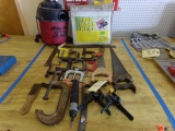 TABLE LOT INCLUDING HAND SAWS C CLAMPS WET VAC NEW IN BOX MITRE BOX KIT AIR