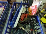 BOX LOT MISC TOOLS INCLUDING CHISELS SAW BLADES PLIERS SCREWDRIVERS AND MOR